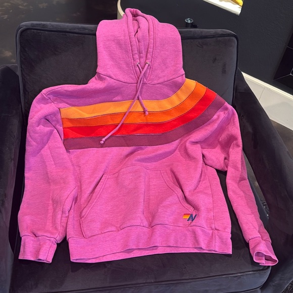Aviator Nation Women's Pink Hoodie with wave Multicolor Stripes magenta - Picture 2 of 5